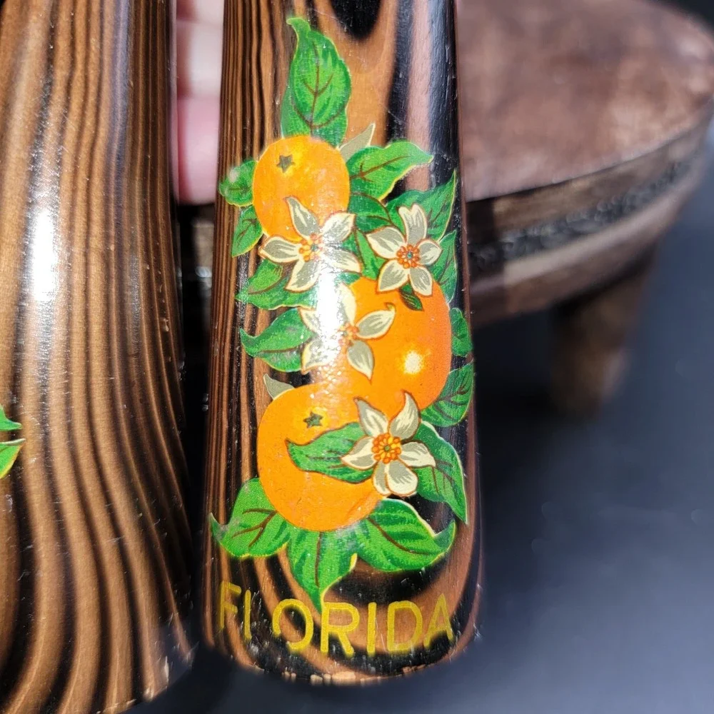 Vintage Tall Mid-Century Wood Salt & Pepper Shakers Florida Oranges Souvenir